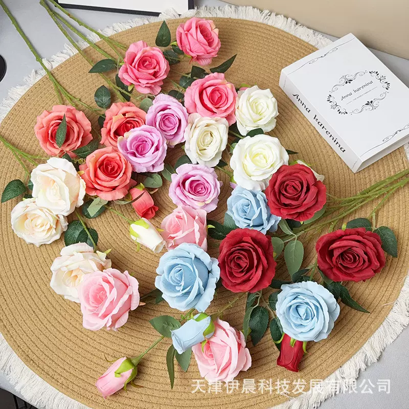 高枝4头玫瑰花婚庆摄影布景道具家居插花摆件假花仿真花厂家批发