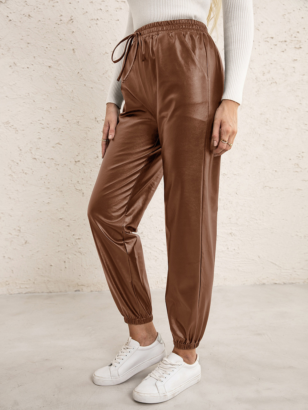 solid color elastic high waist PU leather beam pants NSYBL136717