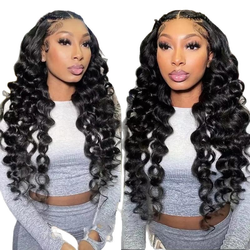 Tejido a mano negro largo rizado flojo onda profunda encaje transparente frente peluca de cabello humano