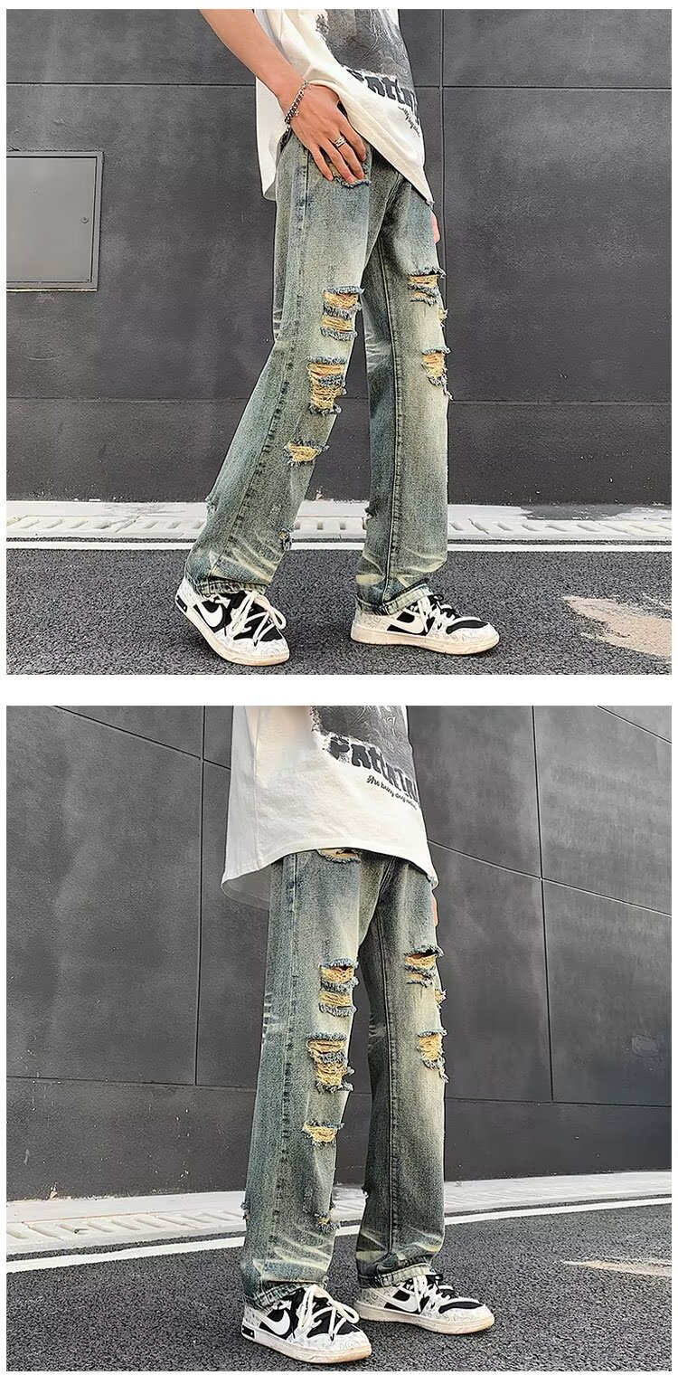 boy Ripped Jeans For Men, Trendy Brand, European And American Street Style Pants, Vintage High Street, Distressed Washed_viptrois.com