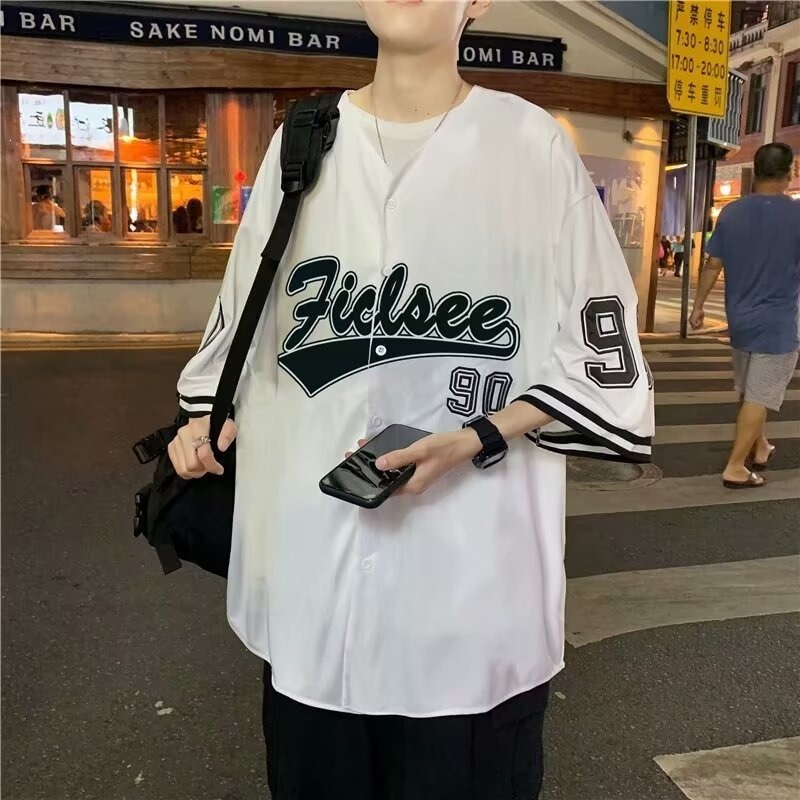 Printed Short-Sleeve T-Shirt for Men and Women, Summer Ins Hong Kong Style Retro Baseball Shirt, Loose Half-Sleeve Tee