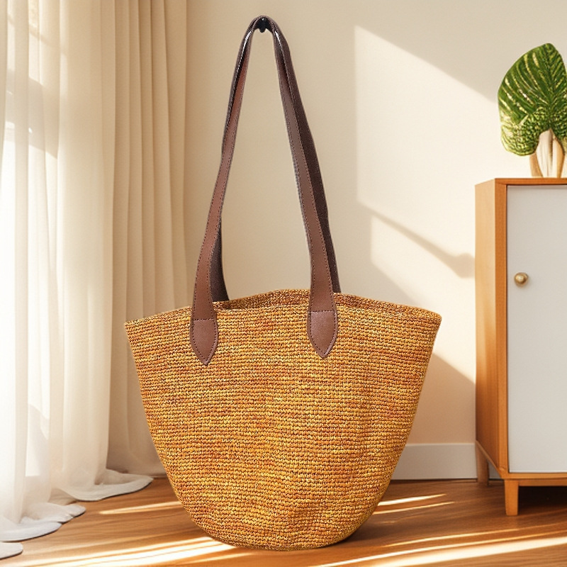 Niche Design Vacation Style Raffia Cowhide Shoulder Bucket Bag For Women, New Summer Large Capacity Casual Handbag - Thumbnail 5