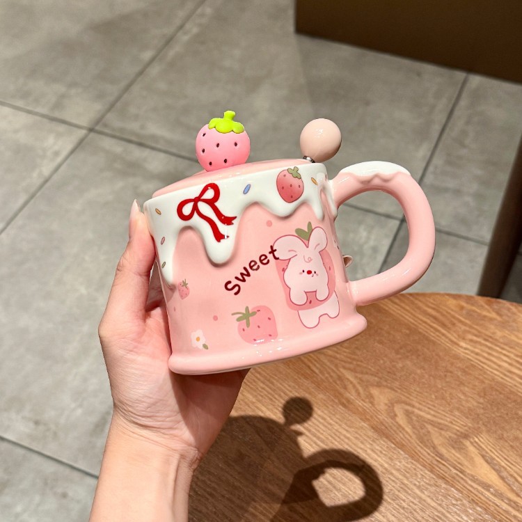 Conejo Rosa - taza de fresa cremosa + tapa + cuchara