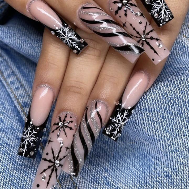 Foreign Trade Cross-Border Christmas Style French Wear Nails Water Pipe Nails Flash Diamond Snowflake Horizontal Strip Fake Nails 24 Pieces Wholesale Foreign Trade Cross-Border Christmas Style French Wear Nails Water Pipe Nails Flash Diamond Snowflake Horizontal Strip Fake Nails 24 Pieces Wholesale