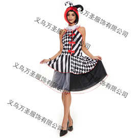 万圣节服装舞台表演服女款格子小丑万圣节服装 恶魔牛角裙表演服