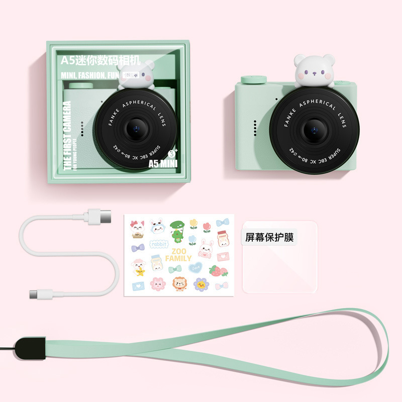 Cámara de estudiante de dibujos animados para niños A5 Cámara de bolsillo portátil de doble cámara delantera y trasera Mini cámara digital Regalo del día de los niños