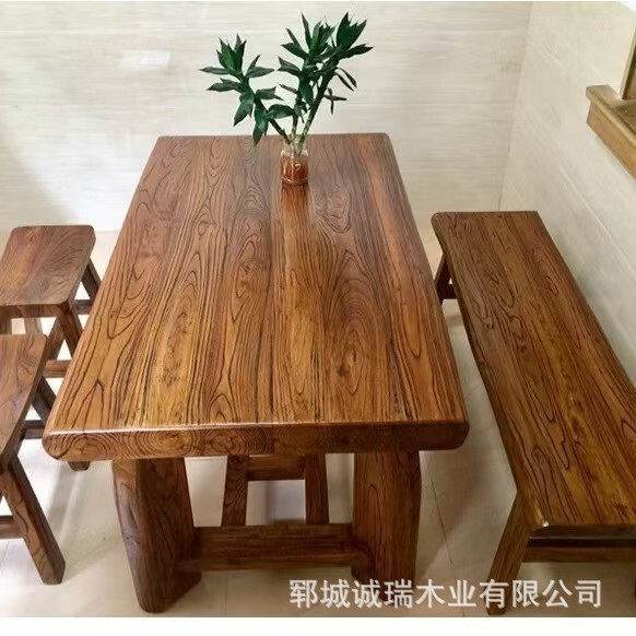 复古色老榆木桌子长条板凳大板桌店用吃饭餐桌实木老门板茶桌组合|undefined