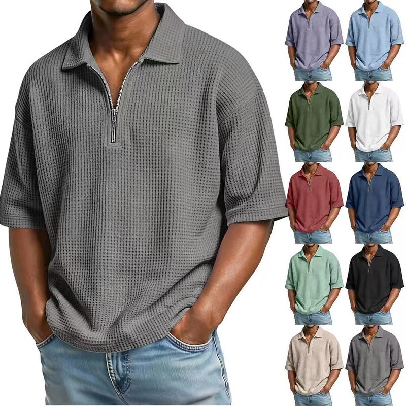 Cross-Border European and American Men's Waffle Summer Solid Color Short-Sleeved Lapel Polo Shirt Sports Casual Simple Men's T-Shirt