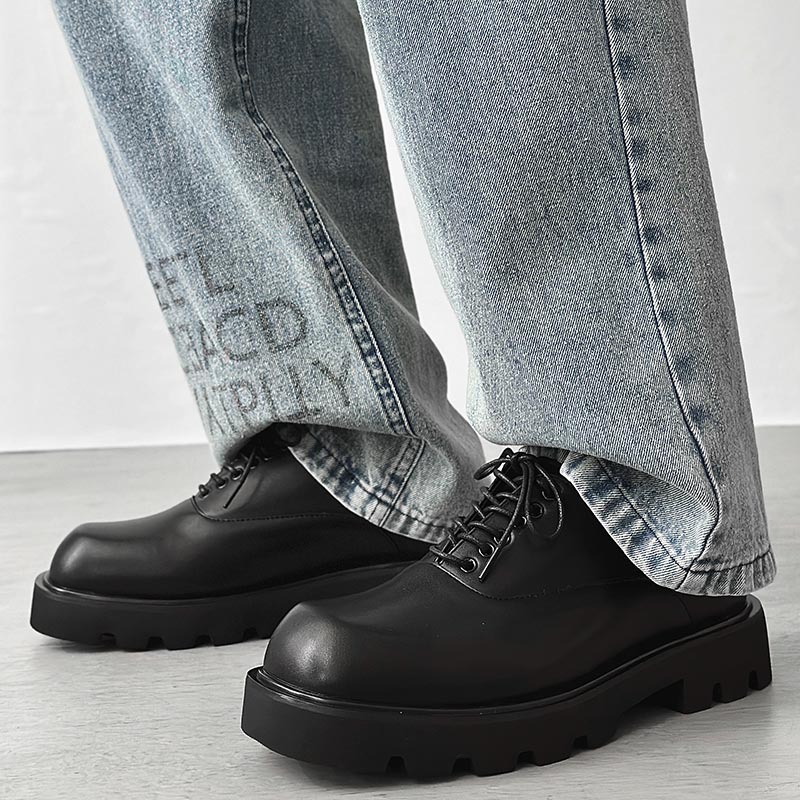ShoeVault Herren-Loafer aus Leder mit eckiger Zehenpartie, hochwertige, dicksohlige Loafer im koreanischen Stil, schwarze Derby-Schuhe mit höhenverstärkender Wirkung_voghion.com