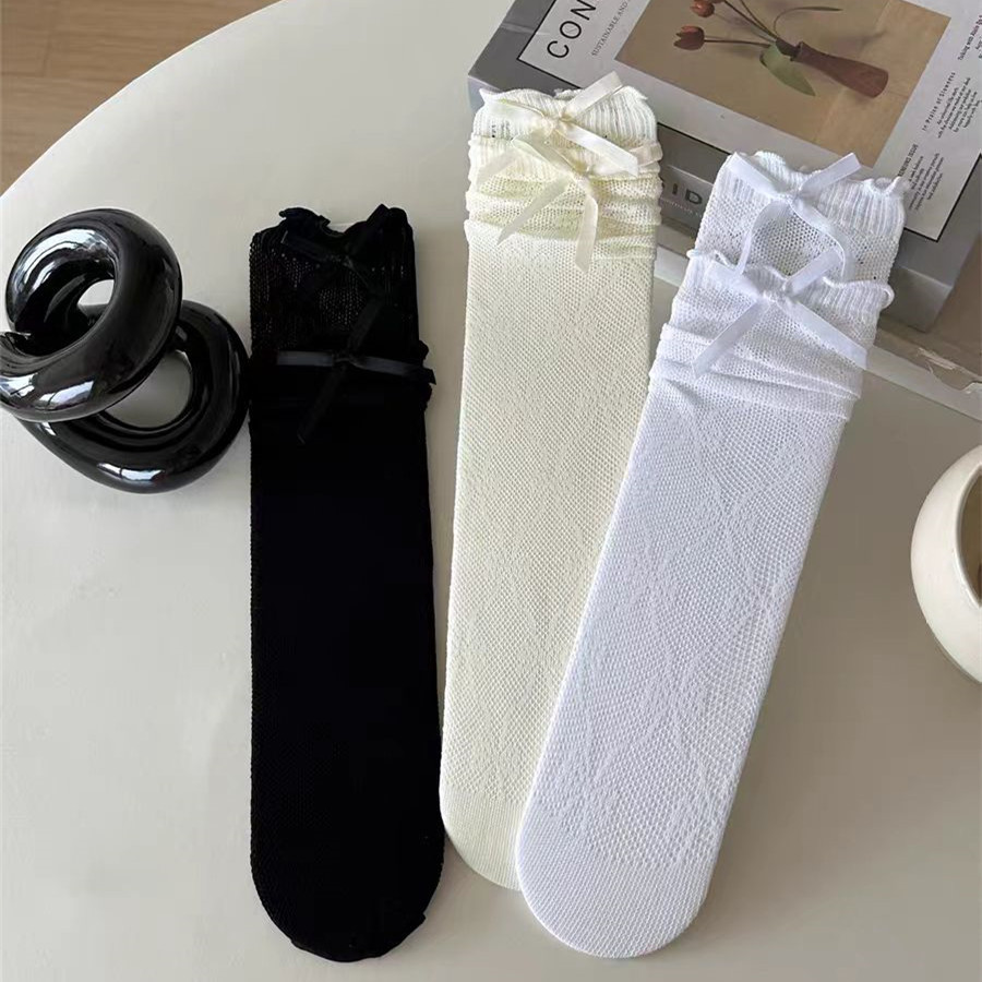 夏薄款奶白透气木耳边花边袜镂空蝴蝶结中筒袜甜美芭蕾风网眼黑色