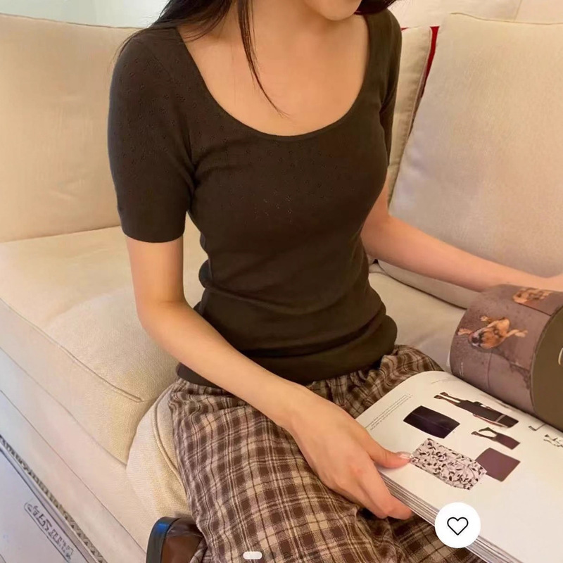 Bm Style Dark Brown Cut Out Eyelet Knitted Short-Sleeved T-Shirt for Women Slimming Look Low Round Neck Inner Layering Shirt Top Bm Style Dark Brown Cut Out Eyelet Knitted Short-Sleeved T-Shirt for Women Slimming Look Low Round Neck Inner Layering Shirt Top