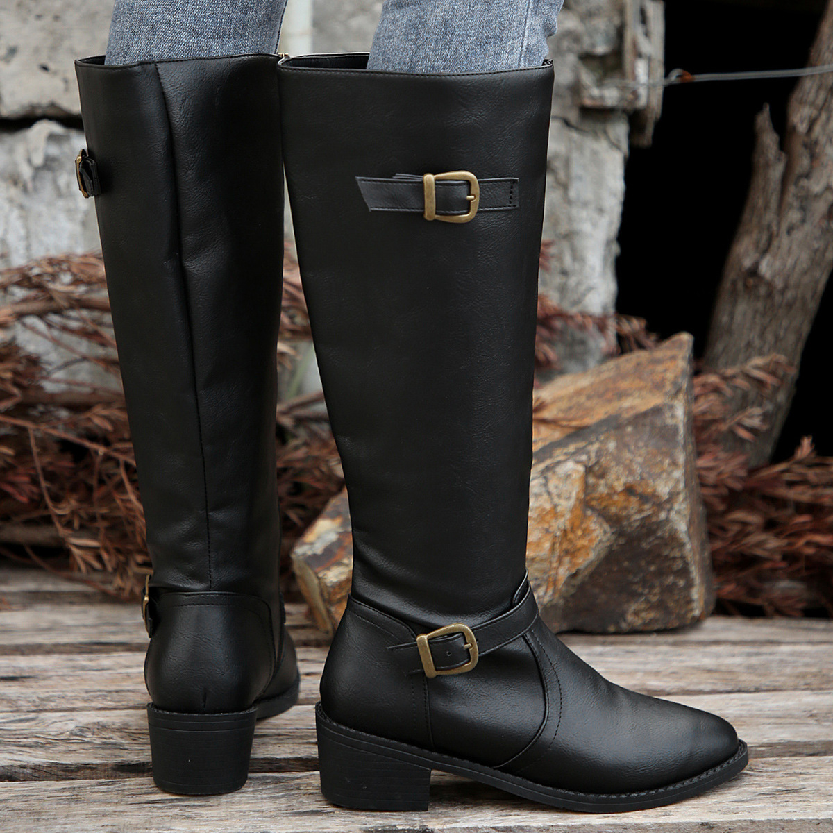 Women's boots Square heel high knight boots belt buckle Solid color boots for women_voghion.com