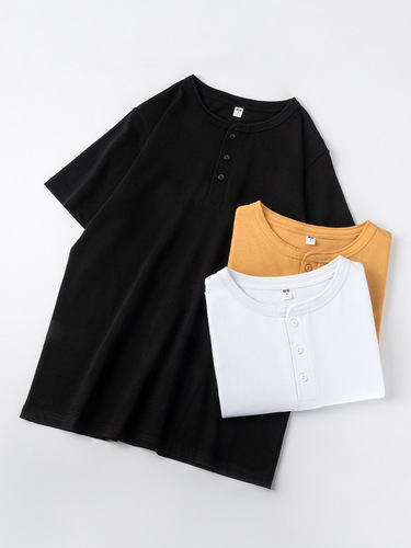 Xinjiang Cotton Heavyweight Henley Collar New Chinese Style White Pure Cotton Short-Sleeve T-Shirt with Button, Simple and Elegant High-End Casual Men and Women