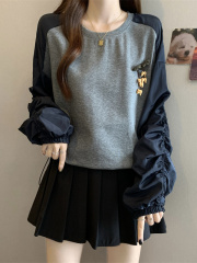 拼接长袖卫衣秋季2025新款大码女装胖mm显瘦遮肚短款无帽上衣