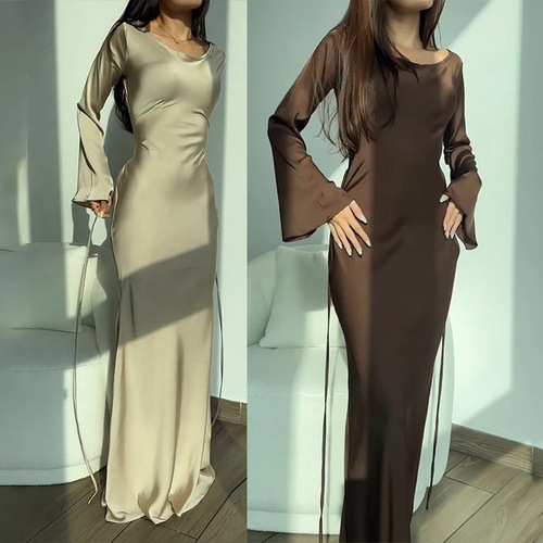 Autumn/Winter Women's Solid Color Crew Neck Long Sleeve Belted National Style Elegant Casual Fitted Dress