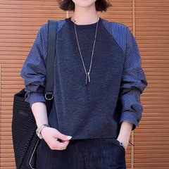大码胖MM灰色条纹卫衣女士秋季新款时尚洋气宽松显瘦衬衫拼接上衣