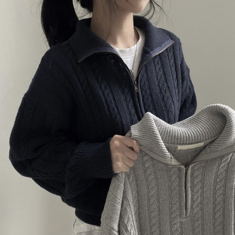 韩国chic秋冬厚实针织上衣女复古麻花半拉链慵懒百搭短款毛衣外套|undefined