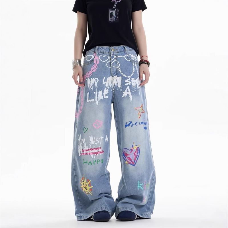 New 3D Printed Digital Print Distressed Graffiti Vintage Loose Wide-Leg Women's Jeans Casual Pants