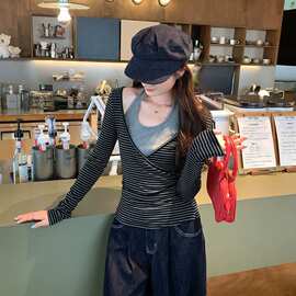 美式复古条纹假两件挂脖长袖T恤女2026秋新款高级设计感掐腰上衣