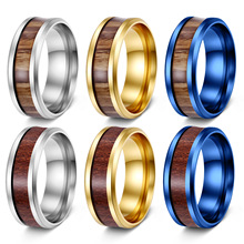 跨境戒指欧美流行情侣婚戒 镶嵌柚木钛钢戒指 不锈钢饰品厂家批发