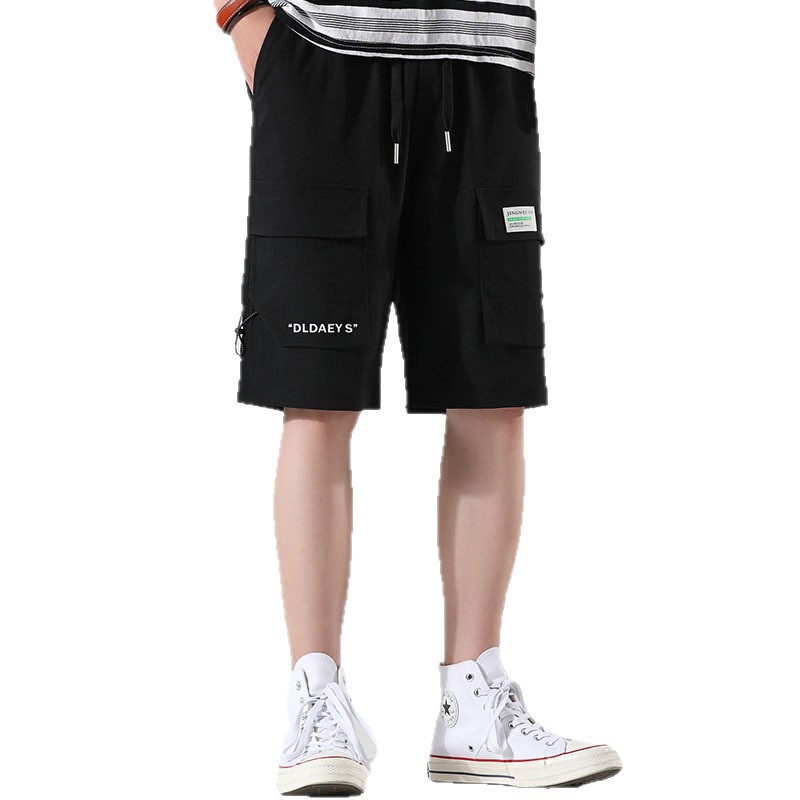 Summer New Men's Korean Style Elastic Logo Casual Cargo Shorts Trendy Influencer Same Style Sports Shorts