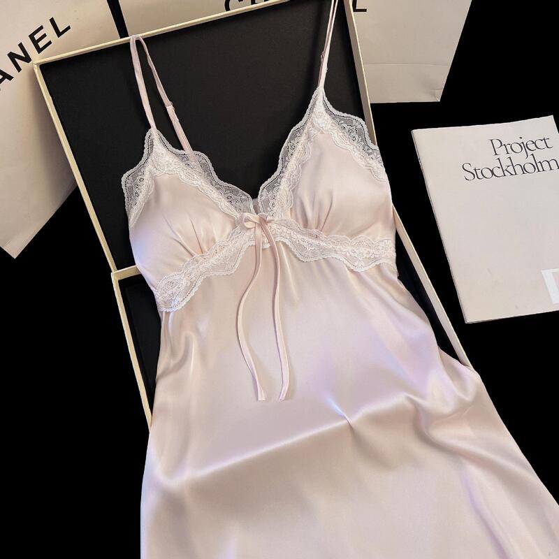 Sexy Pajamas with Breast Pads, Ice Silk, New Summer Style, Light Luxury Suspenders, Loose Nightgown, Pure Lust Style, Home Wear for Women Sexy Pajamas with Breast Pads, Ice Silk, New Summer Style, Light Luxury Suspenders, Loose Nightgown, Pure Lust Style, Home Wear for Women
