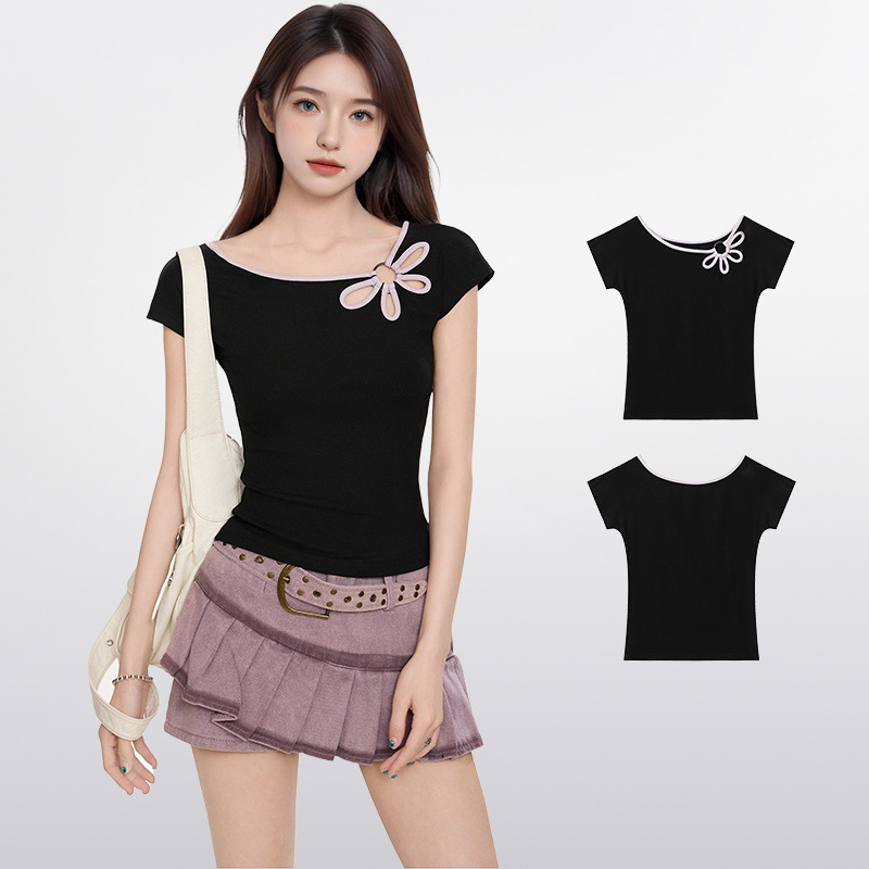 Black Shoulder Hollow Short-sleeved T-shirt Women's Summer Slim-fit Flower Design Niche Short Top 2025 New