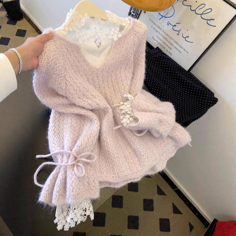 Purple Gentle Style Chunky Knit Sweater for Women, Autumn and Winter Korean Style, Loose and Soft Long-Sleeve V-Neck Top, Trendy