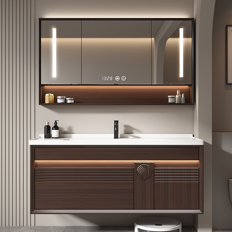 Yida Walnut Color Ebony Wood Paint Bathroom Cabinet Ceramic Integrated Basin Solid Wood Bathroom Wash Basin Cabinet