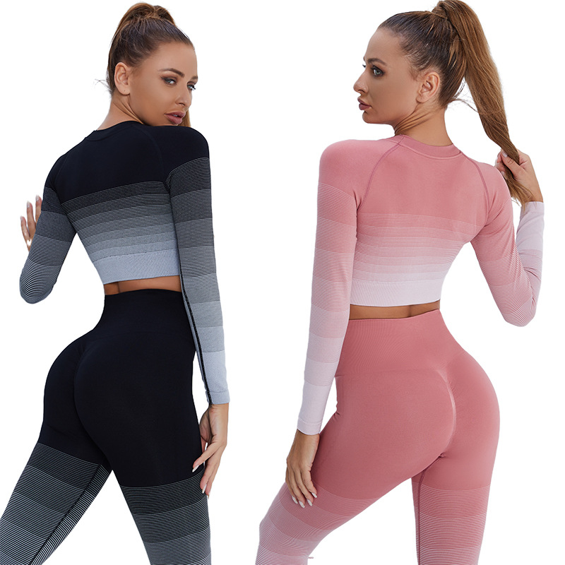 Conjunto deportivo de manga larga y pantalones largos de estilo europeo y americano, con degradado, para fitness, correr y yoga, pantalones de compresión de manga larga.