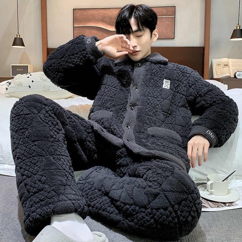Men's Pajamas Autumn and Winter Thickeneded Fleece-Lined Coral Velvet Three-Layer Quilted Jacket Plus Fat Plus Size Winter Style Winter Home Clothes
