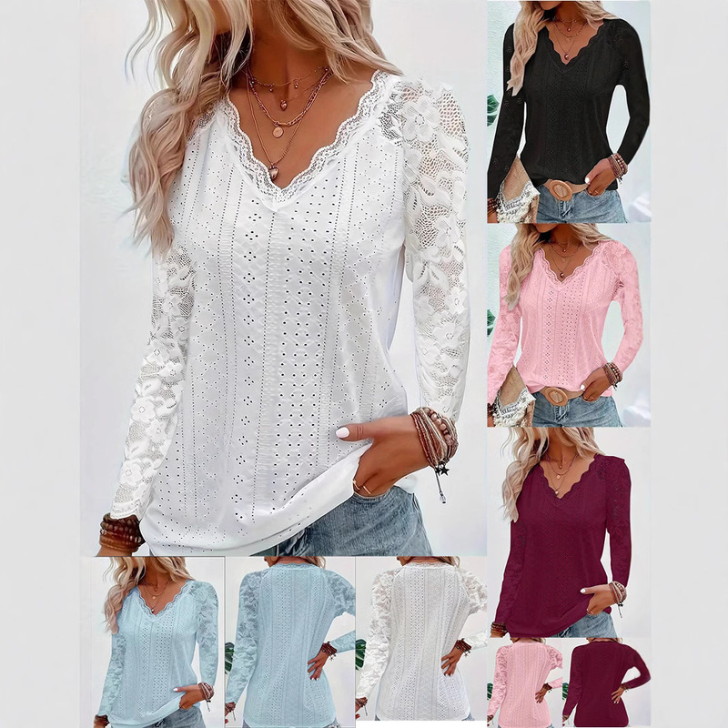 Amazon Fashion Blouse for Women 2026 Spring New Cross-Border Foreign Trade European and American Long-Sleeve Lace Patchwork Hollow-Out Top