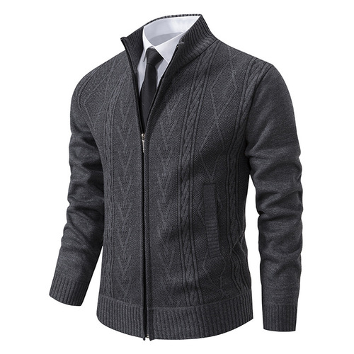 2025 Men's Autumn/Winter Stand Collar Knit Sweater with Embroidery, Outerwear Men's Thick Warm Casual Knit Shirt Trend