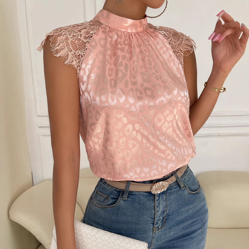 Cross-border Foreign Trade Women's 2025 Summer Amazon European and American Style Shirt Leopard Print Half-turtleneck Shirt Lace Sleeve Pullover