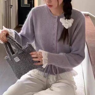 Korean-style Red Lace Stitching Sweater Women's Autumn and Winter Design Sense Tight Waist Knitted Cardigan Short Top for Small