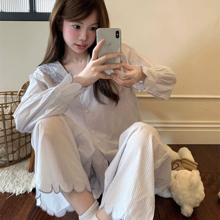 2026韩系重工刺绣花朵甜美花边翻领家居服睡衣套装