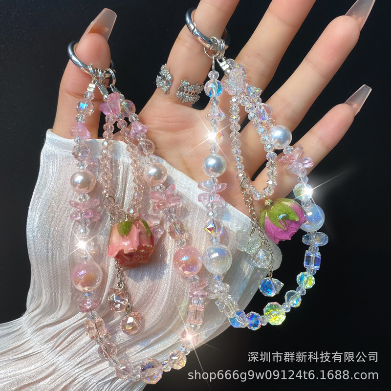 ガーリーピンクとパープルのUV接着剤ローズドライフラワー携帯電話吊りチェーンハイエンドクリスタルダブルチェーンバッグキーホルダーペンダント|undefined