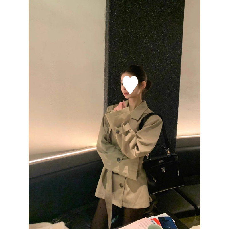 美式辣妹卡其色廓形双排扣中长款风衣秋冬感外套女涤纶半开领长袖|undefined