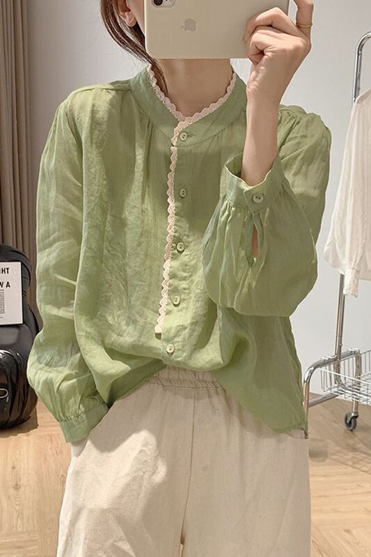 D2V Export Export to Japan Original Clearance Big-Name Japanese Style Lace Ramie Shirt Women's Summer Loose Long-Sleeved Cotton and Linen D2V Export Export to Japan Original Clearance Big-Name Japanese Style Lace Ramie Shirt Women's Summer Loose Long-Sleeved Cotton and Linen