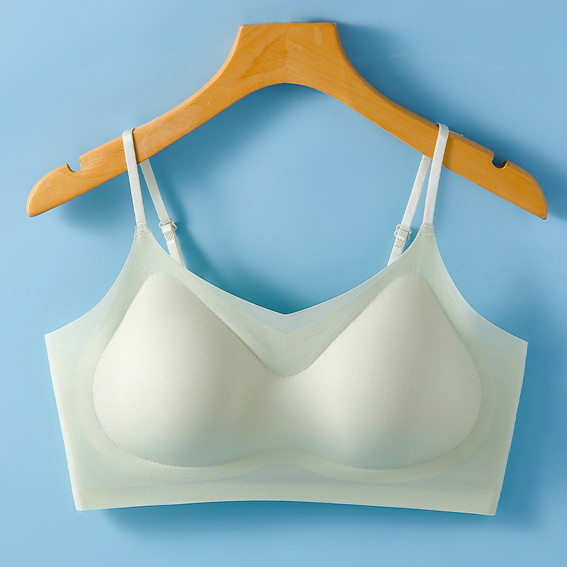夏のアイスシルク薄い美しいバックサスペンダーバストベストブラジャー女性のプルアップ固定カップシームレスプッシュアップブラジャー|undefined