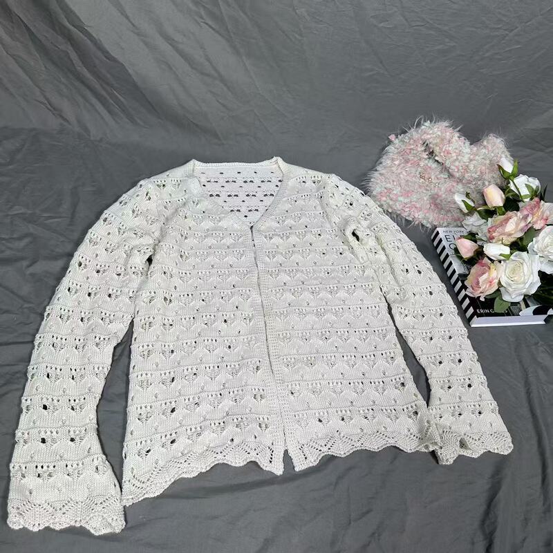 2026 Early Summer and Autumn New Korean Style Hollow-Out Knitted Cardigan for Women, V-Neck Loose Lazy Style White Sweater Coat