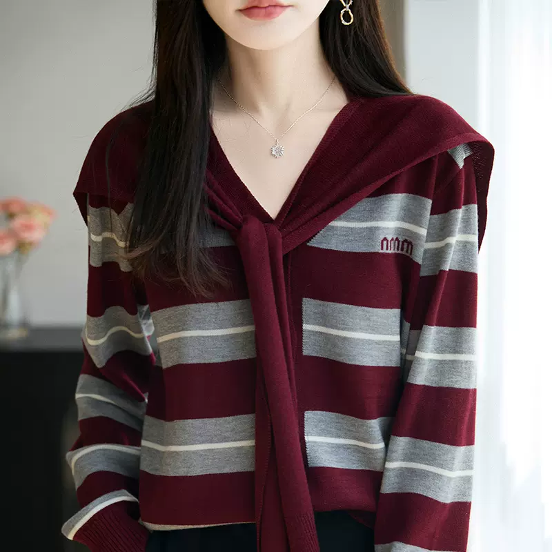 2025秋季新款流行披肩假两件条纹毛衣女 V领羊毛针织衫宽松套头衫