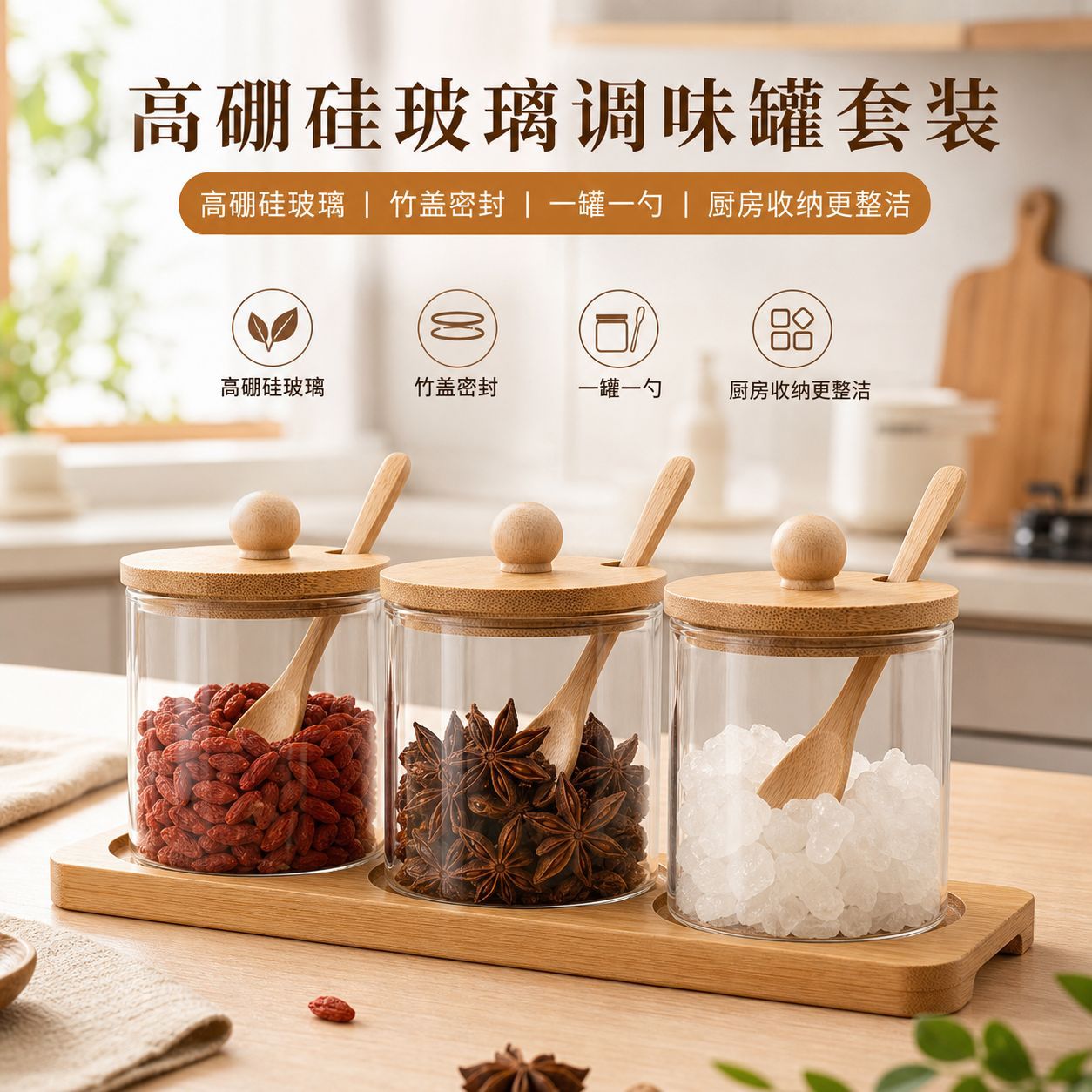 alta borosilicona vidrio condimento lata cubierta de madera de bambú con cuchara condimento lata cocina doméstica almacenamiento condimento lata spot