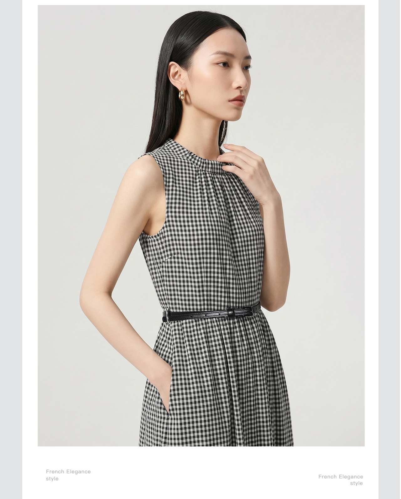 Đầm maxi nữ thắt eo họa tiết kẻ ô cổ điển, tay không, phong cách Pháp — Lưới đen trắng chi tiết 10