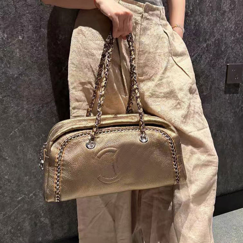 24新款高级感中古小香风vintage真皮链条单肩腋下包手提保龄球包|undefined