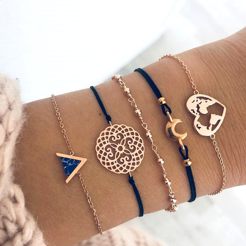 Factory-direct cross-border bracelet set: 5-piece ensemble featuring European and American-style triangular black turquoise alloy moon bracelets.