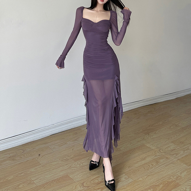 European And American Style 2024 Autumn Winter New Women's Mesh Ruffle Niche Design Long Sleeve Square Neck Dress_ecoleips.com