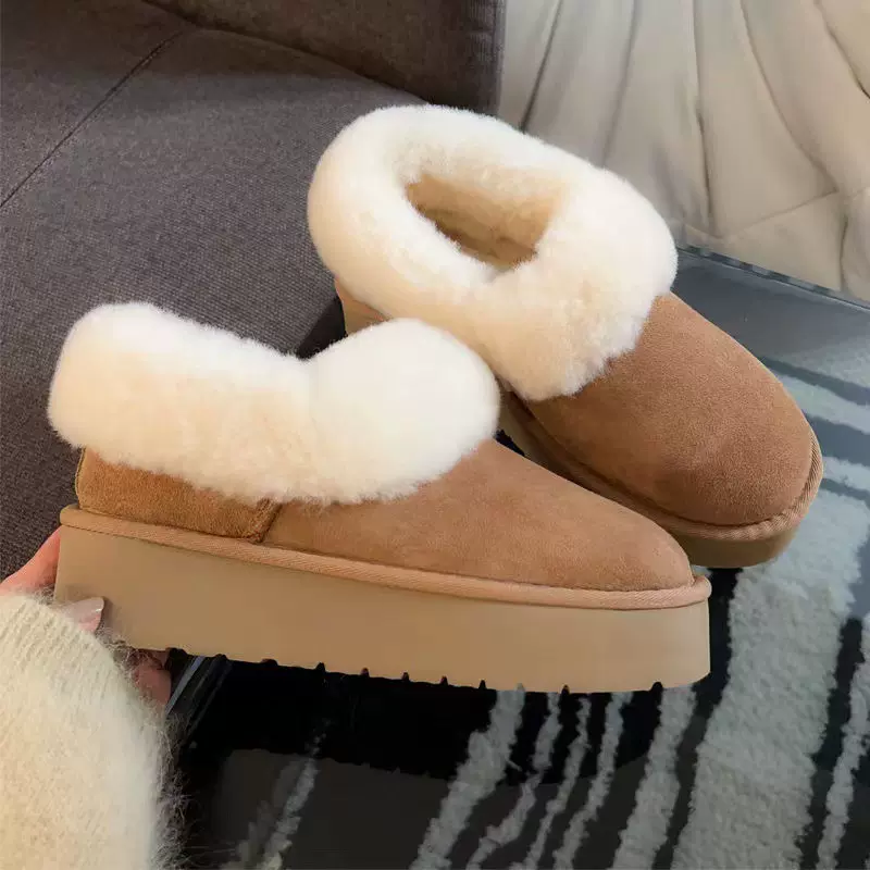 XD1惠东易鑫达真皮加绒羊皮毛一体厚底低帮雪地靴女毛毛靴