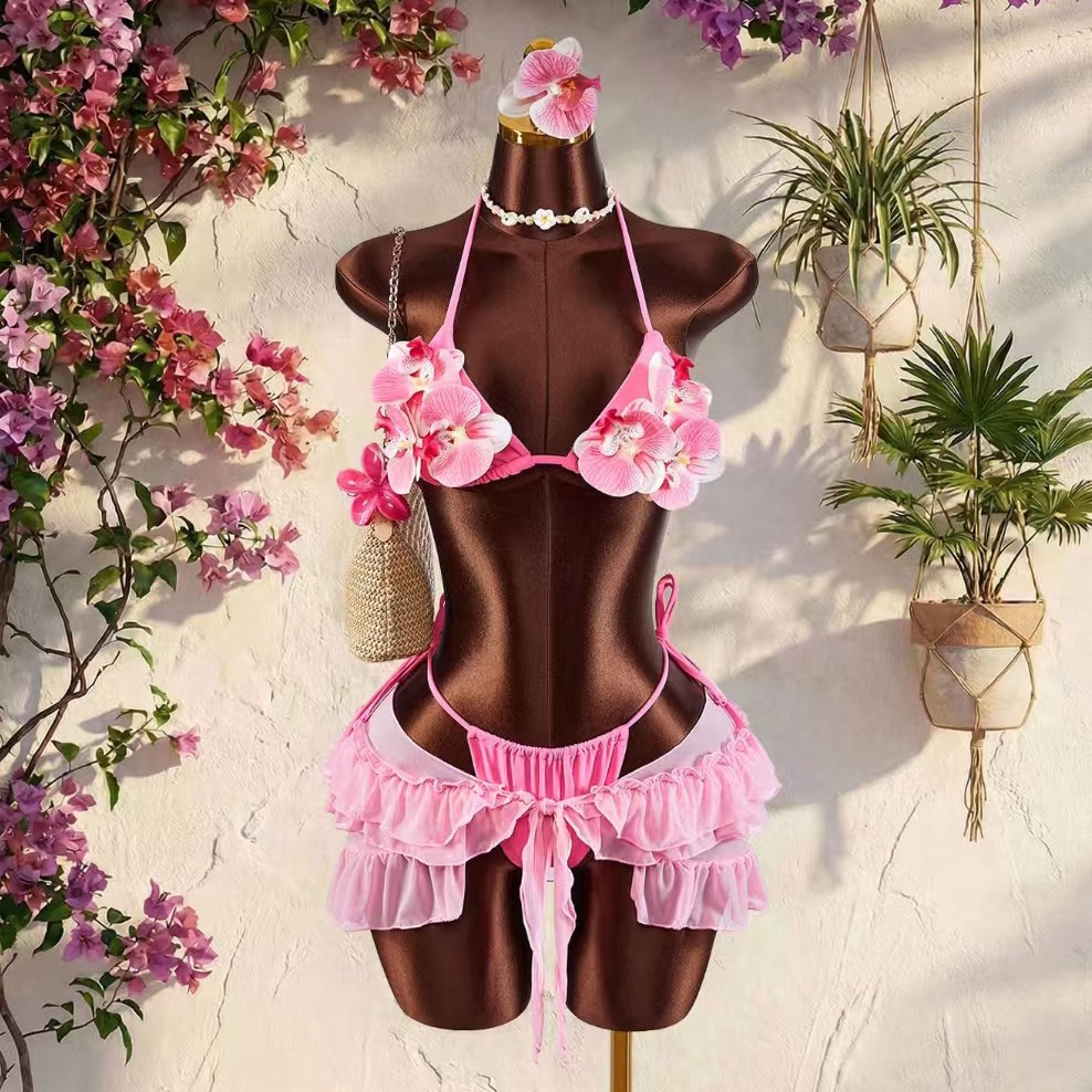 2026 European and American New Style Printed Bikini Tie-Neck Swimwear Women's Bikini Three-Piece Set Floral Swimsuit