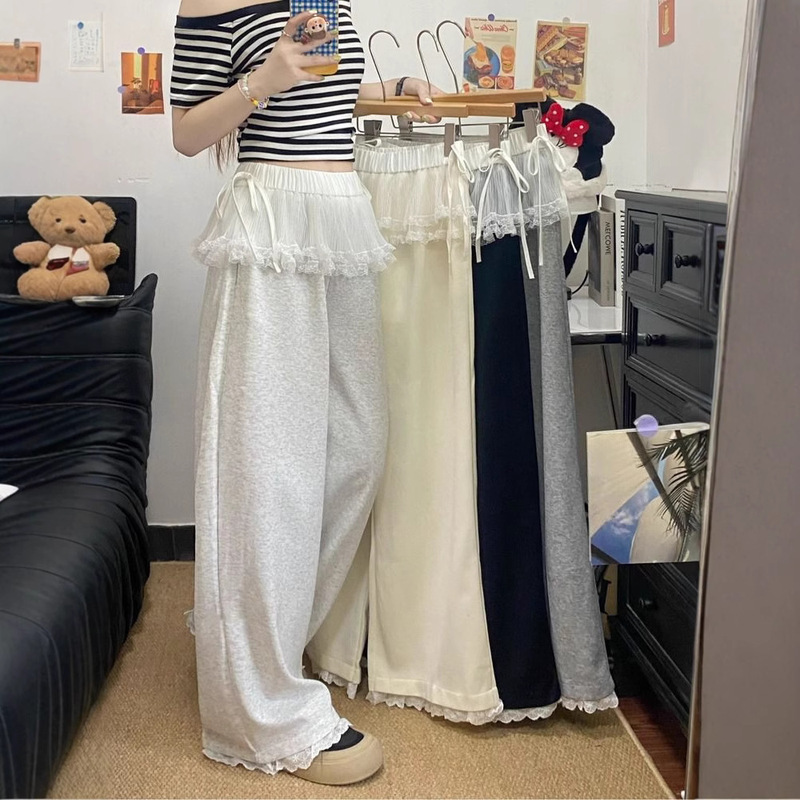Ballet Style Lace Stitching Fart Curtain Wide Leg Pants Women's Spring and Summer Small High Waist Drawstring Loose Casual Sports Trousers Ballet Style Lace Stitching Fart Curtain Wide Leg Pants Women's Spring and Summer Small High Waist Drawstring Loose Casual Sports Trousers